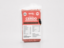 bolsa de menú de cerdo monoproteico BARF 500g bolsa con etiqueta, en vertical, con la comosición y los ingredientes. EL formato que vendemos y entregamos a los cliebntes
